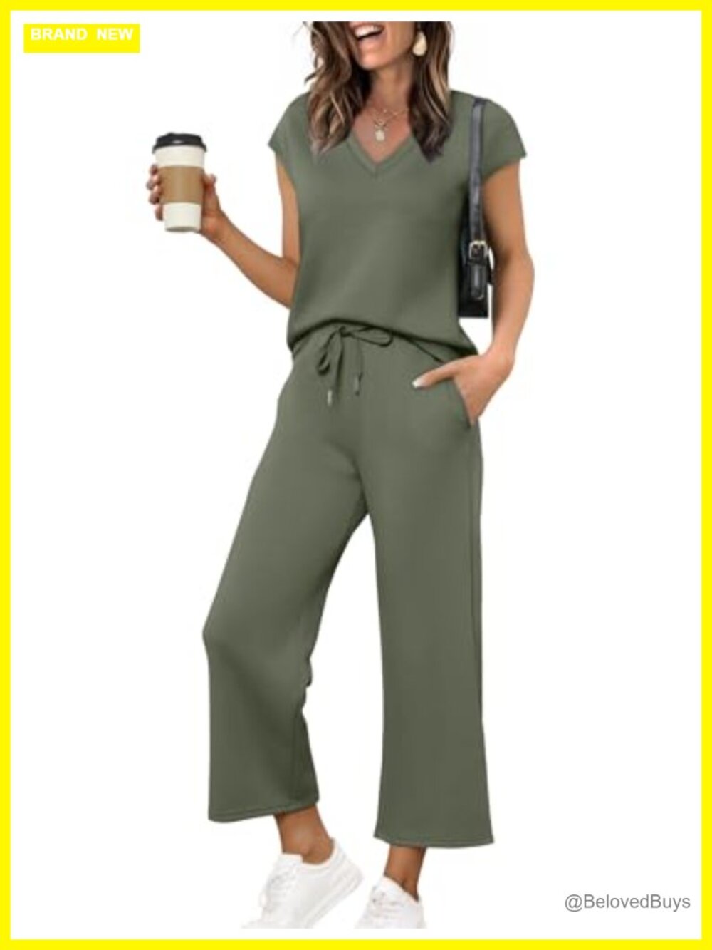 Saloogoe Two Piece Set V Neck Top Wide Leg Pants